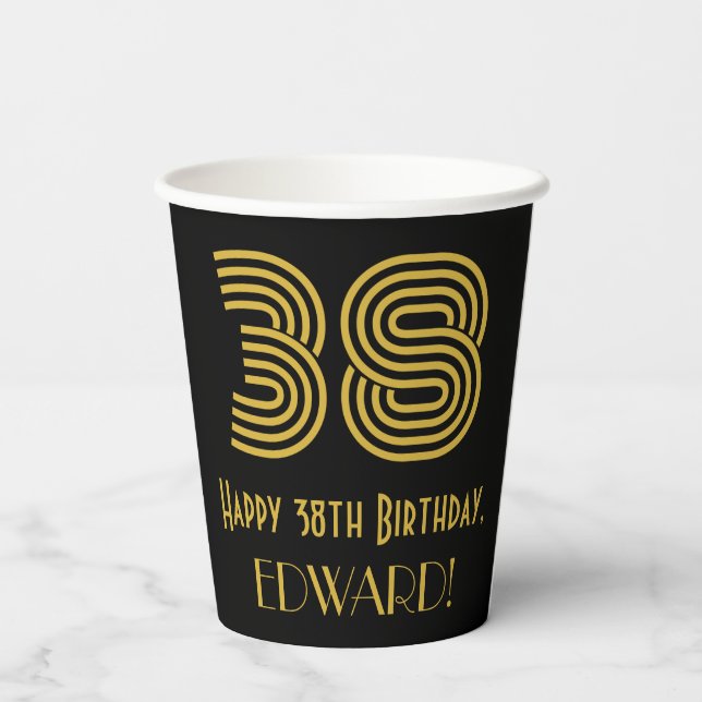 38th Birthday: Art Deco Inspired Look “38” & Name Paper Cups (Back)