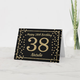 38th Birthday Black and Gold Glitter Confetti Card