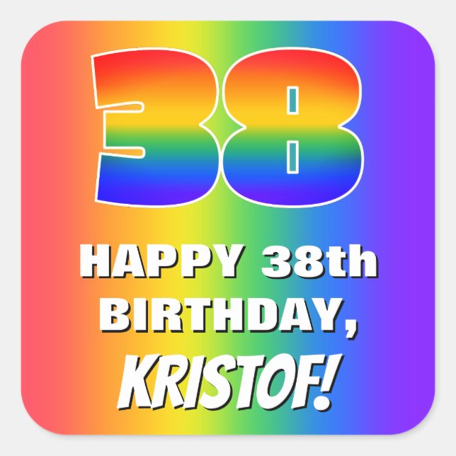 38th Birthday: Colourful, Fun Rainbow Pattern # 38 Square Sticker (Front)