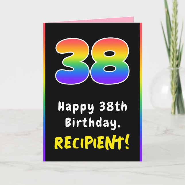 38th Birthday: Colourful Rainbow # 38, Custom Name Card (Front)