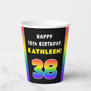 38th Birthday: Colourful Rainbow # 38, Custom Name Paper Cups
