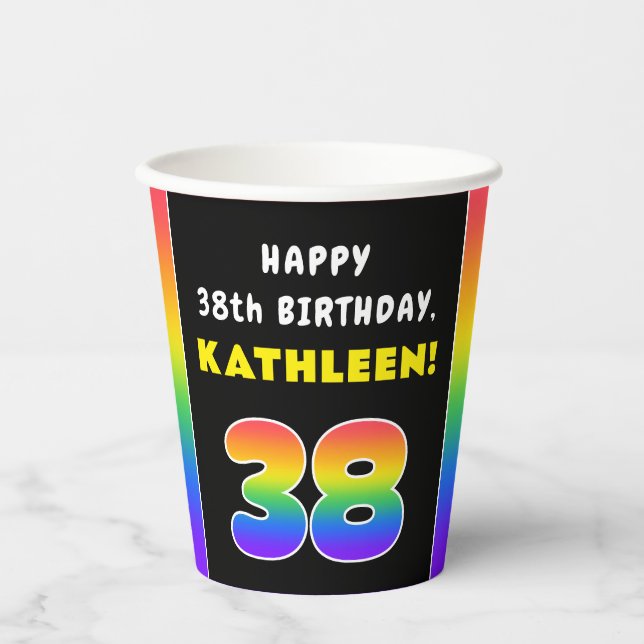 38th Birthday: Colourful Rainbow # 38, Custom Name Paper Cups (Front)