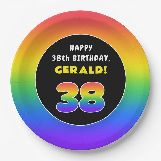 38th Birthday: Colourful Rainbow # 38, Custom Name Paper Plate (Front)