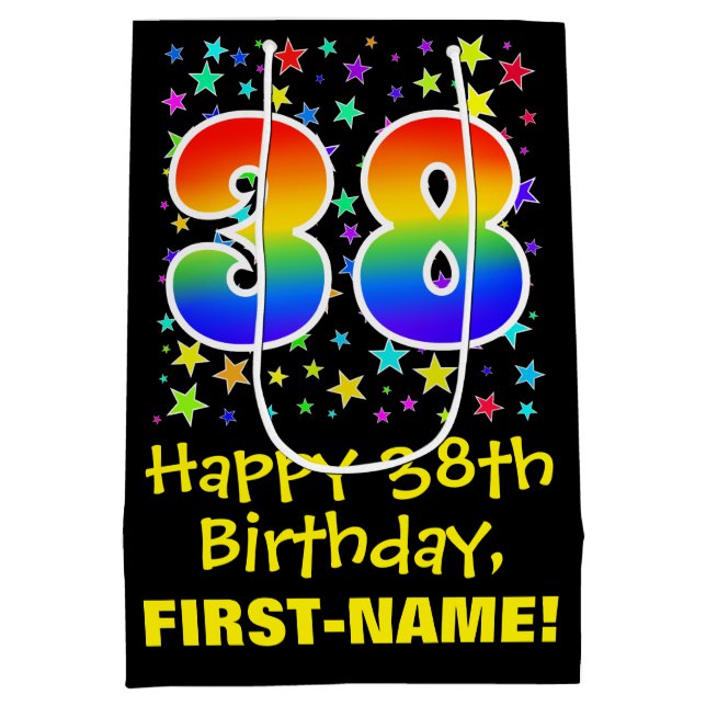 38th Birthday: Colourful Stars Pattern & Rainbow 3 Medium Gift Bag (Back)