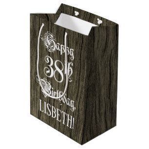 38th Birthday: Fancy, Faux Wood Look + Custom Name Medium Gift Bag