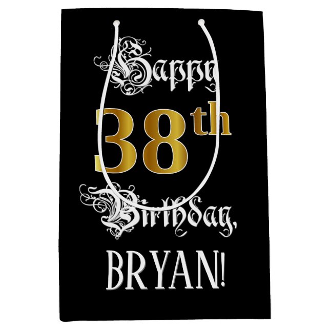 38th Birthday ~ Fancy Script; Faux Gold Look; Name Medium Gift Bag (Front)