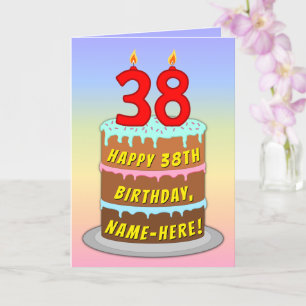 38th Birthday — Fun Cake & Candles, w/ Custom Name Card