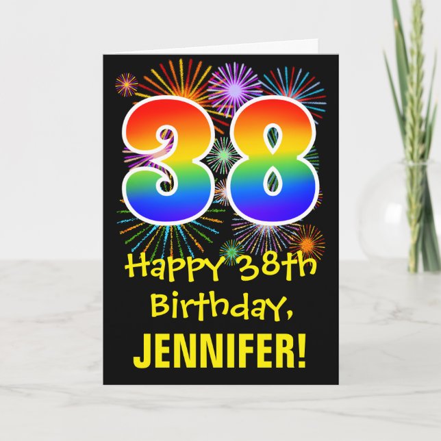 38th Birthday: Fun Fireworks Pattern + Rainbow 38 Card (Front)