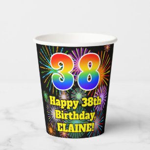 38th Birthday: Fun Fireworks Pattern + Rainbow 38 Paper Cups