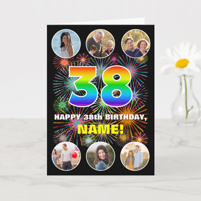 38th Birthday: Fun Rainbow #, Custom Name & Photos Card (Small Plant)