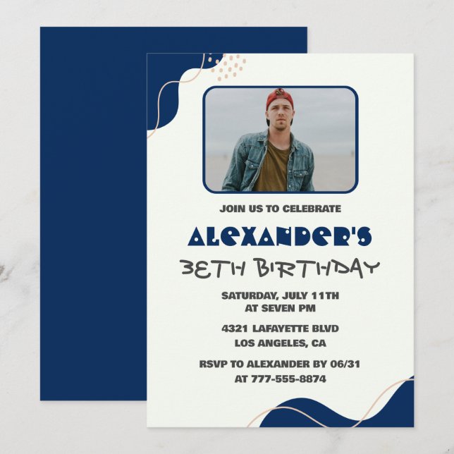 38th birthday invitations Men Navy Simple Photo (Front/Back)
