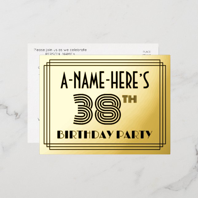 38th Birthday Party ~ Art Deco Style “38” + Name Foil Invitation Postcard (Front/Back)