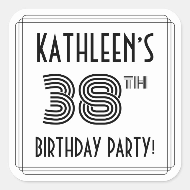 38th Birthday Party: Art Deco Style + Custom Name Square Sticker (Front)