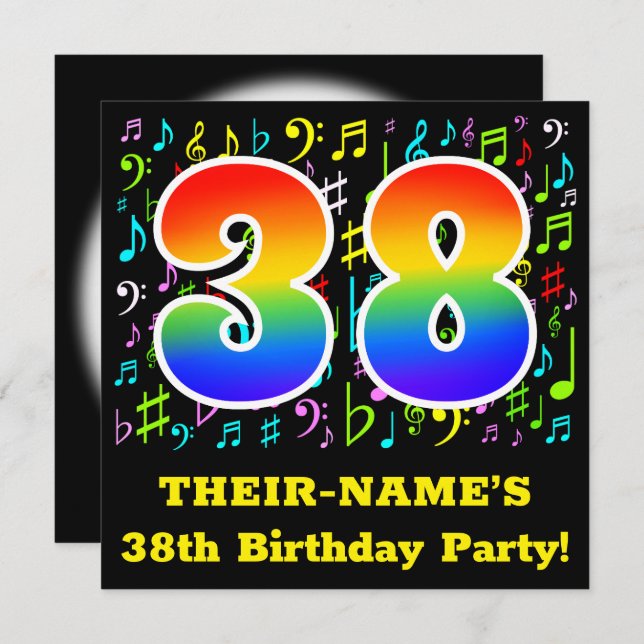 38th Birthday Party: Fun Music Symbols, Rainbow 38 Invitation (Front/Back)