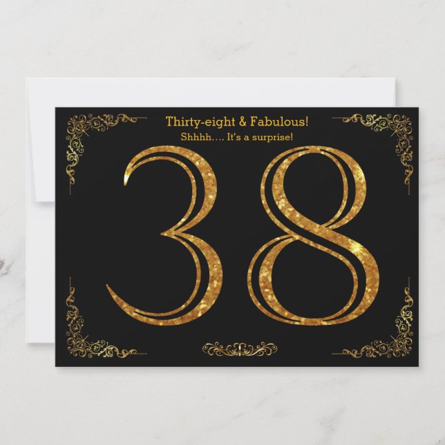 38th Birthday party,Gatsby styl,black gold glitter Invitation (Front)