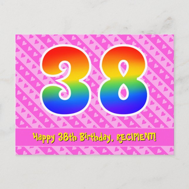 38th Birthday: Pink Stripes & Hearts, Rainbow 38 Postcard (Front)