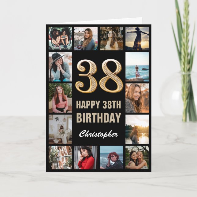 38th Happy Birthday Black and Gold Photo Collage Card (Front)
