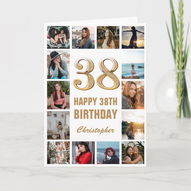 38th Happy Birthday Gold and White Photo Collage Card (Front)
