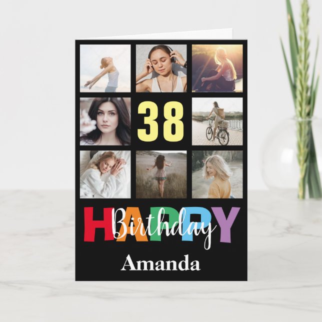 38th Happy Birthday Photo Collage Modern Black Card (Front)
