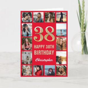 38th Happy Birthday Red and Gold Photo Collage Card
