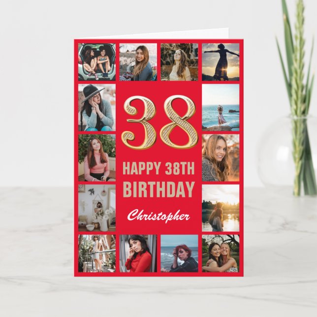 38th Happy Birthday Red and Gold Photo Collage Card (Front)