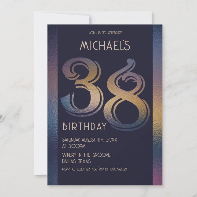 38th modern dark purple and gold birthday invitation (Front)