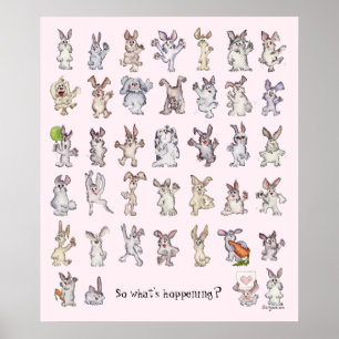 39 Cute Cartoon Rabbits Decor Nursery Poster Pink
