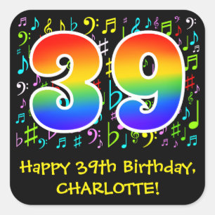 39th Birthday: Colourful Music Symbols, Rainbow 39 Square Sticker