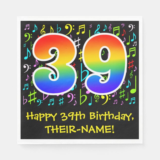 39th Birthday - Colourful Music Symbols, Rainbow 3 Napkin (Front)