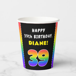 39th Birthday: Colourful Rainbow # 39, Custom Name Paper Cups