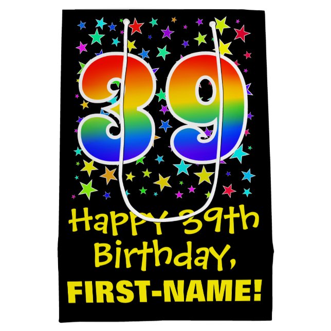 39th Birthday: Colourful Stars Pattern & Rainbow 3 Medium Gift Bag (Back)