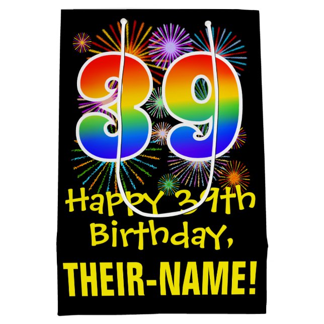 39th Birthday: Fun Fireworks Pattern + Rainbow 39 Medium Gift Bag (Back)