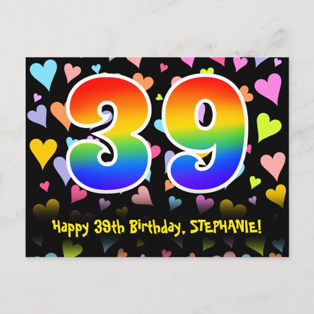 39th Birthday: Fun Hearts Pattern, Rainbow 39 Postcard (Front)