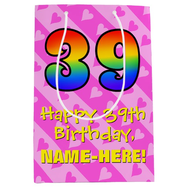 39th Birthday: Fun Pink Hearts Stripes; Rainbow 39 Medium Gift Bag (Front)