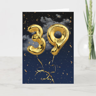 39th Birthday Gold Mylar Balloon and Confetti Card