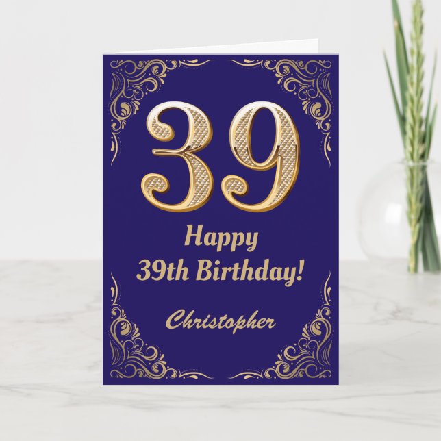 39th Birthday Navy Blue and Gold Glitter Frame Card (Front)