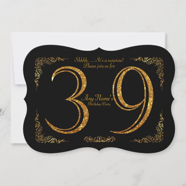 39th,Birthday party 39th,great Gatsby,black & gold Invitation (Front)