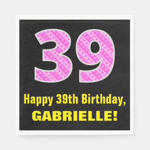 39th Birthday: Pink Stripes and Hearts "39" + Name Napkin
