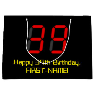 39th Birthday: Red Digital Clock Style "39" + Name Large Gift Bag