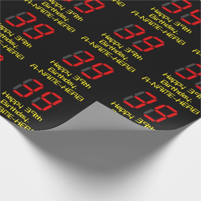 39th Birthday: Red Digital Clock Style "39" + Name Wrapping Paper (Corner)