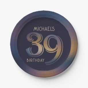 39th modern dark purple and gold birthday paper plate