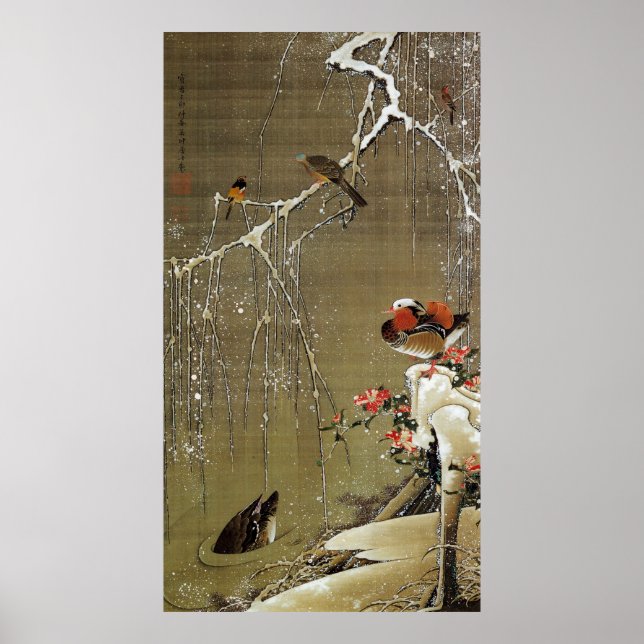 3. 雪中鴛鴦図, 若冲 Mandarin Duck in The Snow, Jakuchū Poster (Front)