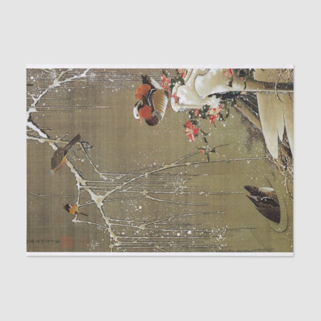 3. 雪中鴛鴦図, 若冲 Mandarin Duck in The Snow, Jakuchū Tissue Paper (Front)