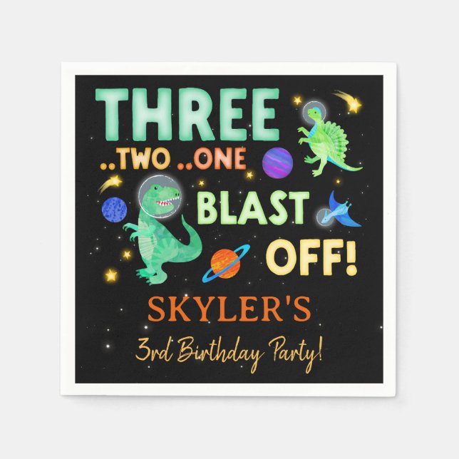3 2 1 Blast Off Dinosaur Space 3rd Birthday Napkin (Front)