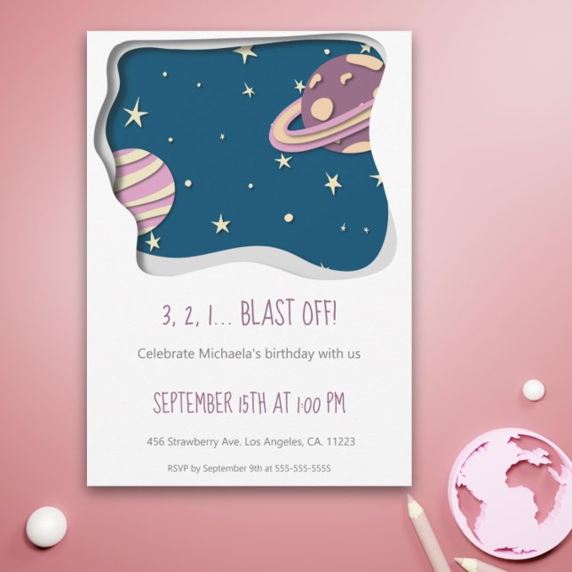 3 2 1 Blast Off Galaxy Theme Girl First Birthday Invitation (Blast off pink and purple galaxy space girl first birthday invitation)