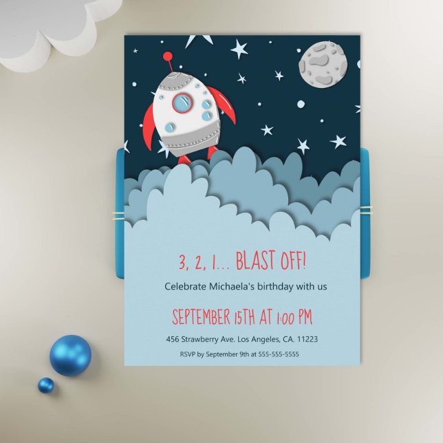 3 2 1 Blast Off! Rocket Ship Space First Birthday  Invitation (Creator Uploaded)