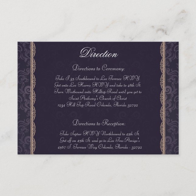 3.5 x 5 Direction Card Deep Purple Damask (Front)