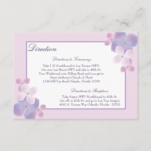 3.5 x 5 Direction Card Hydrangea - Purple (Front)