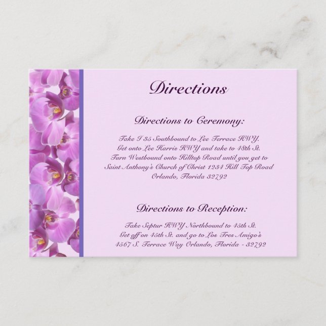 3.5 x 5 Direction Card Purple Orchids on Stem (Front)