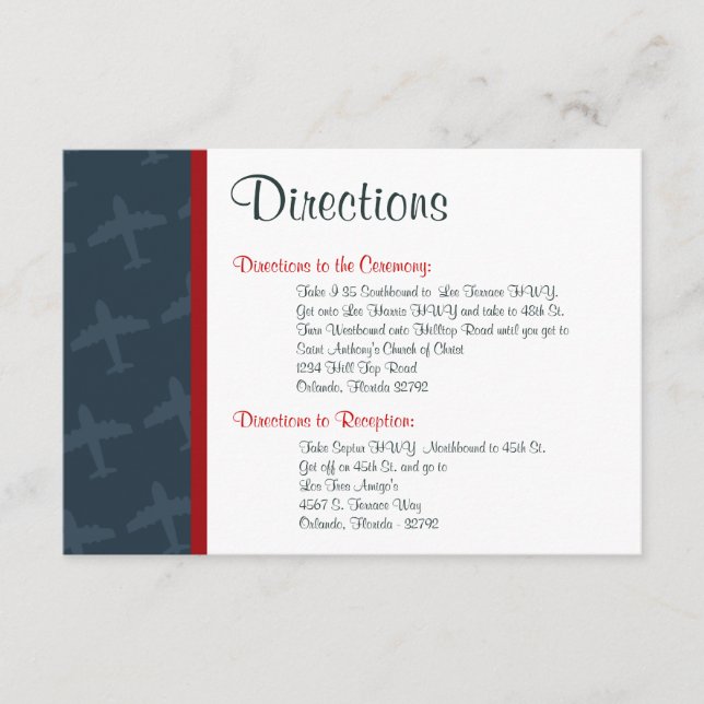 3.5 x 5 Directions Aeroplane Flight Enclosure Card (Front)
